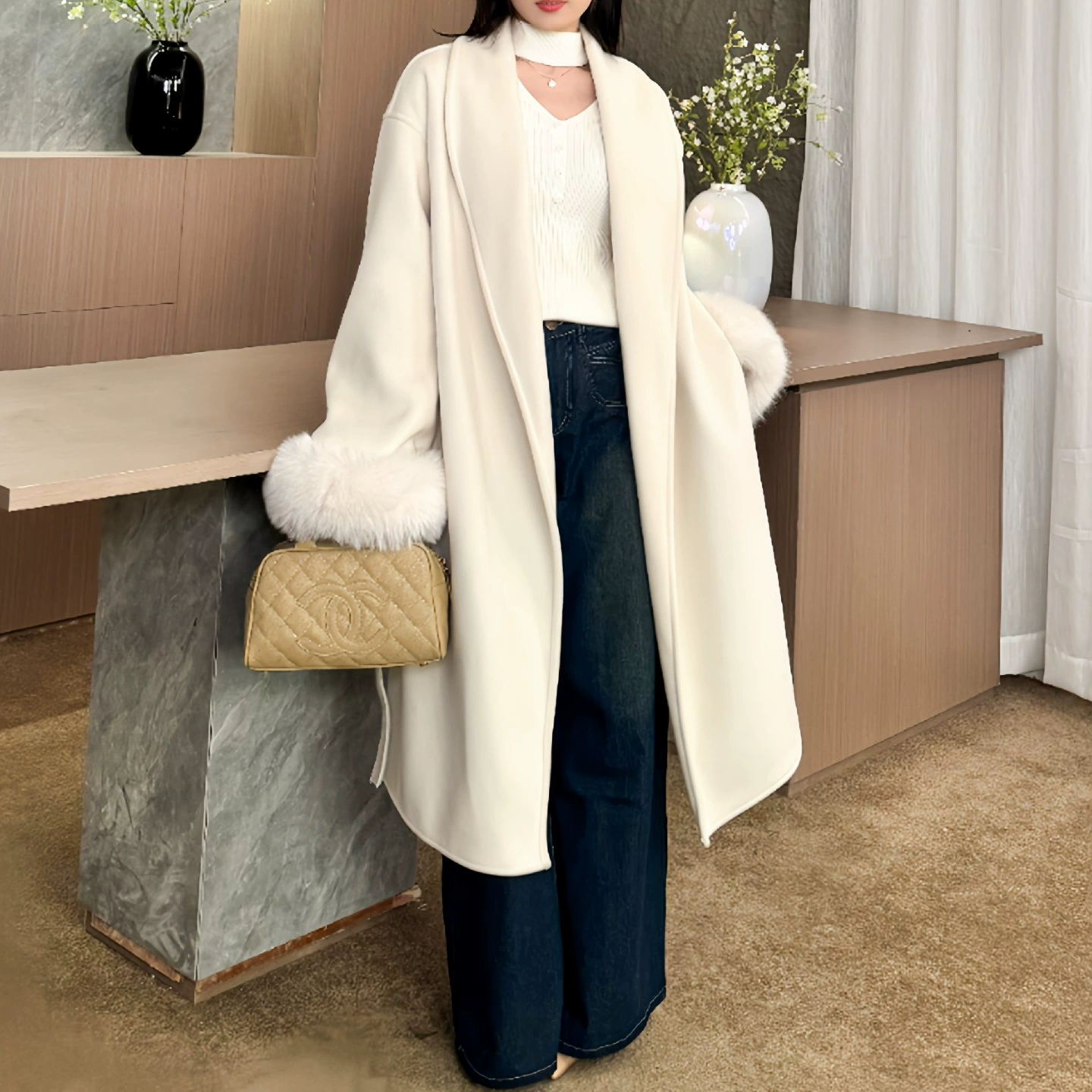 Осенняя и зимняя новая минималистская дикая свободная длинная корейская версия темперамента двусторонняя шерсть