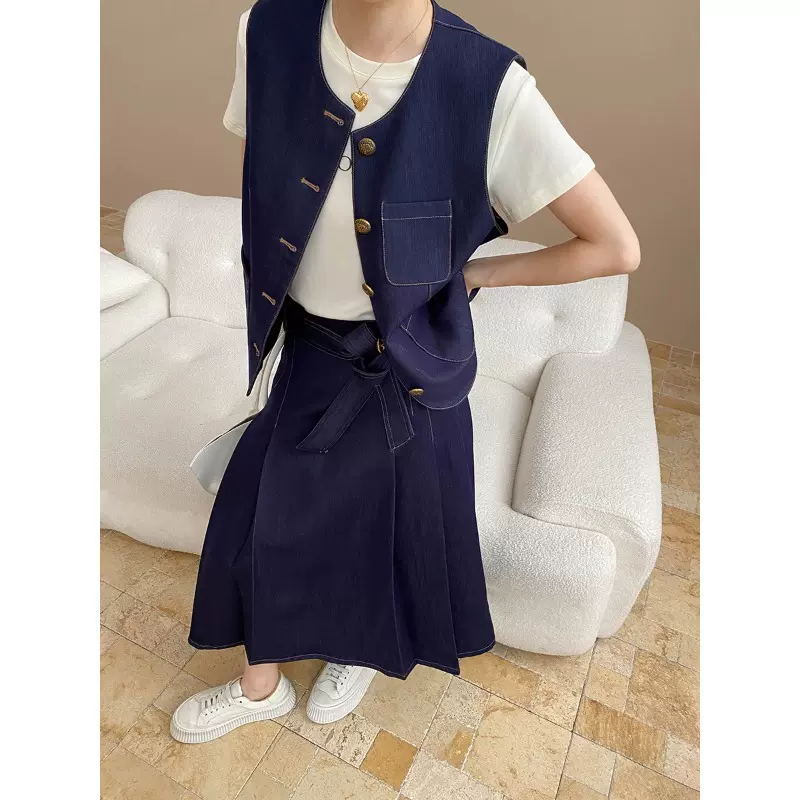 司南 摩登腔调 老钱复古圆领牛仔马甲背心高腰半身裙套装 SN7986