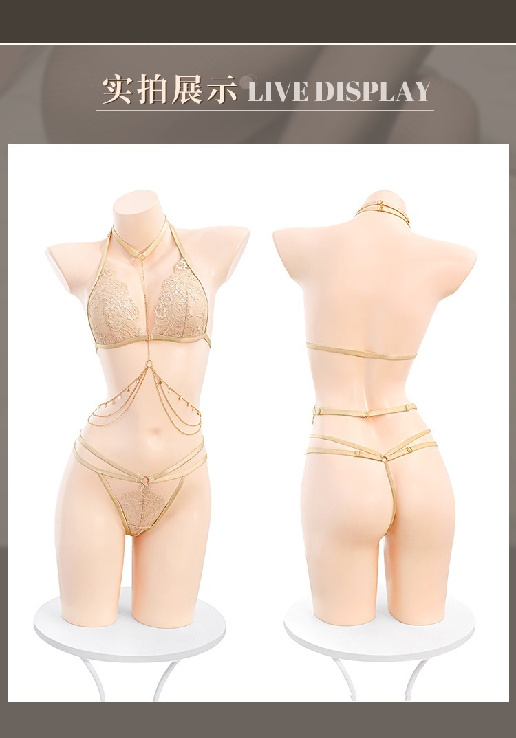 Feimu & Miji 7915 Three-Piece Lace Lingerie Set with Halter Bra, Chain and Crotchless T-Pants — detail image 19