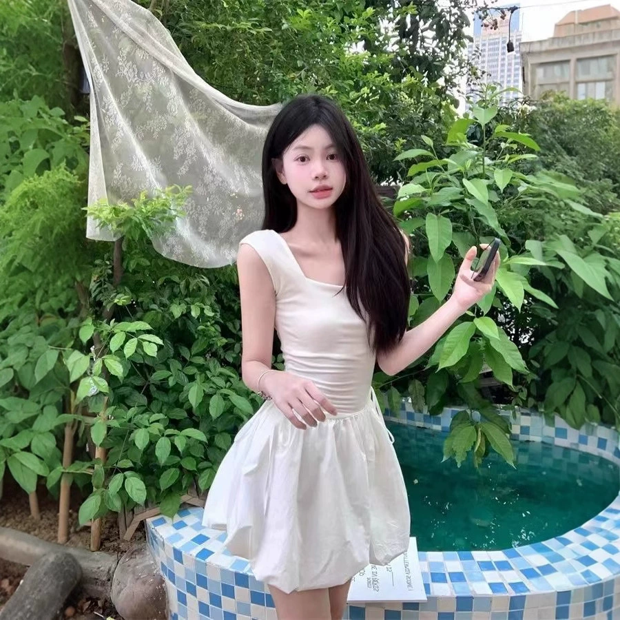 Балетный стиль с квадратным воротником и шнуром с бутонами платье летом новый сладкий девчушка