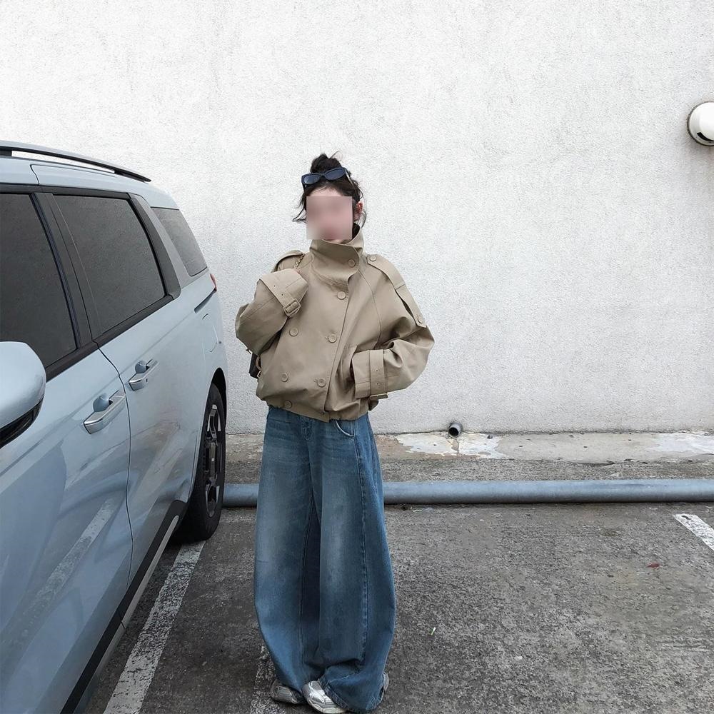 双排扣卡其色立领长袖风衣外套女秋季感宽松休闲气质开衫上衣