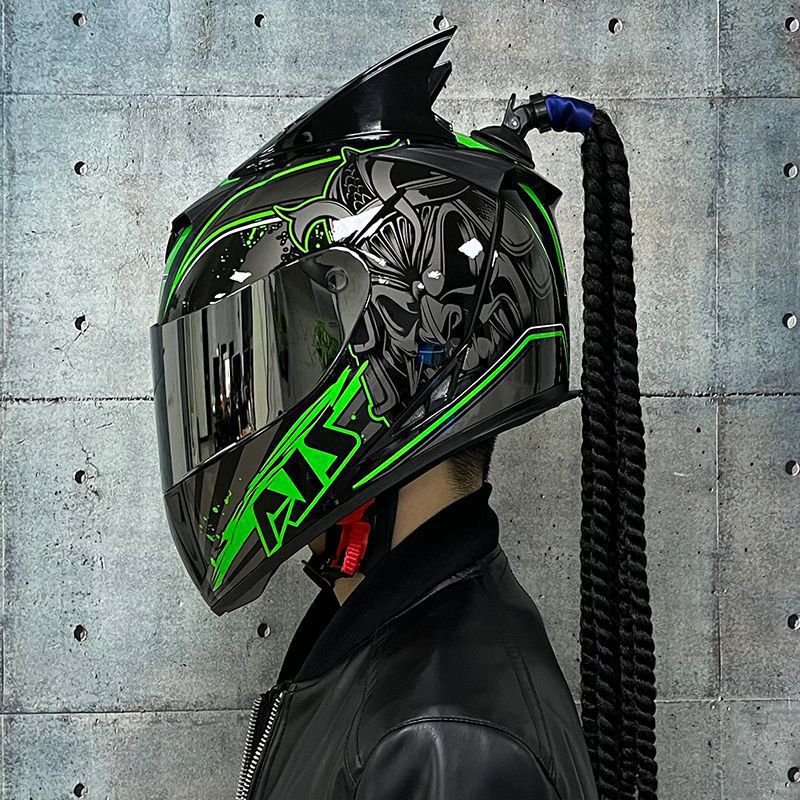 Universal AIS Motorcycle Helmet Full Face Dual Lens Horns (Auto Parts and Accessories) - m-green-devil-black-mist