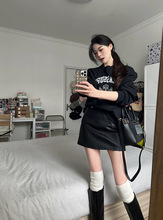 休闲套装女慵懒风宽松黑色卫衣早秋高腰pu皮半身裙两件套轻奢