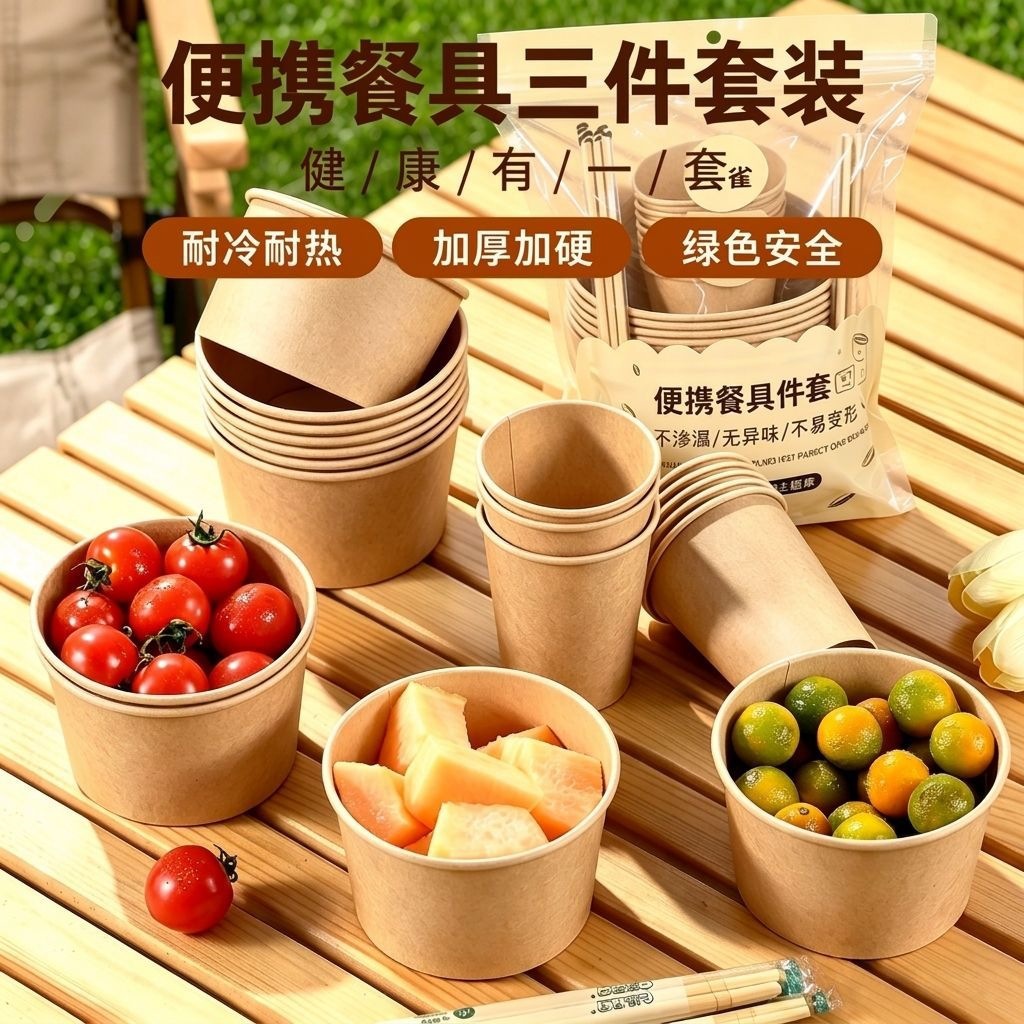 Disposable eco-friendly tableware set, individually packaged, suitable for home use, outdoor picnics, and camping; includes paper bowls, paper cups, and chopsticks