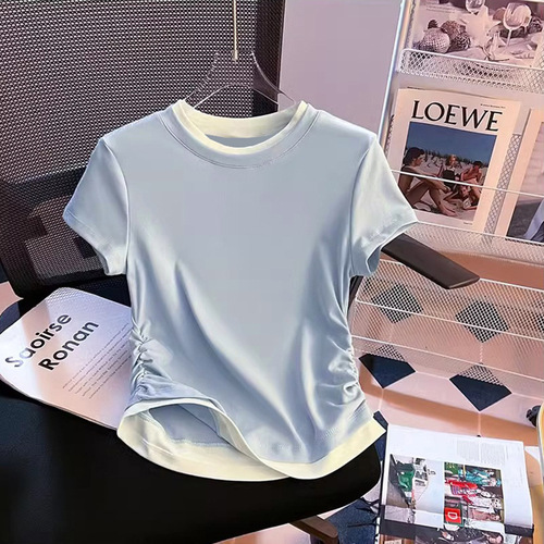 Women's Summer Versatile Korean Style Round Neck Collared T-Shirt with Two-Piece Contrast Color Modal Short Sleeve Top