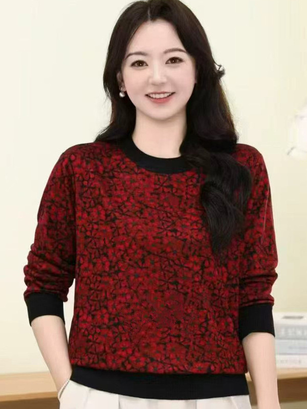 中老年女装秋装长袖小衫宽松大码妈妈春秋洋气花色圆领T恤打底新|undefined