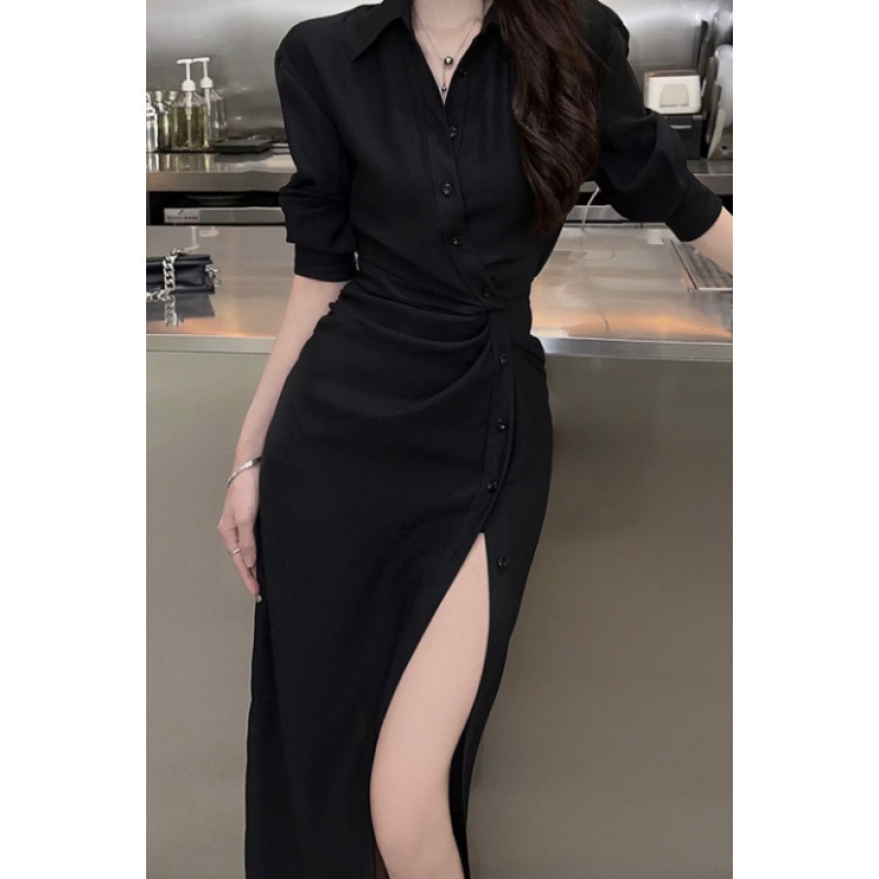 French Pleated V-Neck Solid Color Long-Sleeved Dress for Women 2026 Summer New Slim-Fitting Chic Slit Hip-Hugging Skirt