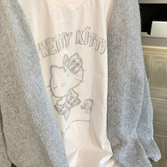 【臭美喵咪】kitty印花圆领白色T恤女早秋长袖上衣休闲莫代尔氨纶