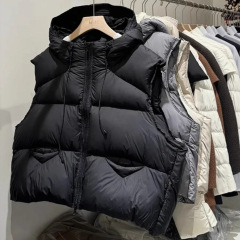 秋冬用ダウンコットンベスト、女性用、小柄な方向け、フード付き、ゆったり、ショート丈、暖かいジャケット、ベスト、軽くて暖かい厚手タイプ
