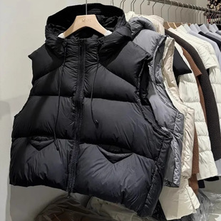 Autumn and Winter down Cotton Vest for Women, Petite Size, Hooded, Loose-Fitting, Short Style, Warm Jacket, Lightweight and Thick