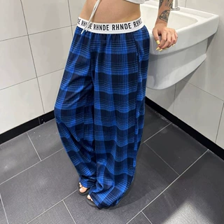 外贸美式复古拼接腰头格子阔腿裤女休闲舒适感慵懒运动宽松女长裤