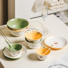 陶瓷碗碟套裝啞光田園風家用8寸盤鳥語花香飯碗沙拉碗湯碗高顏值