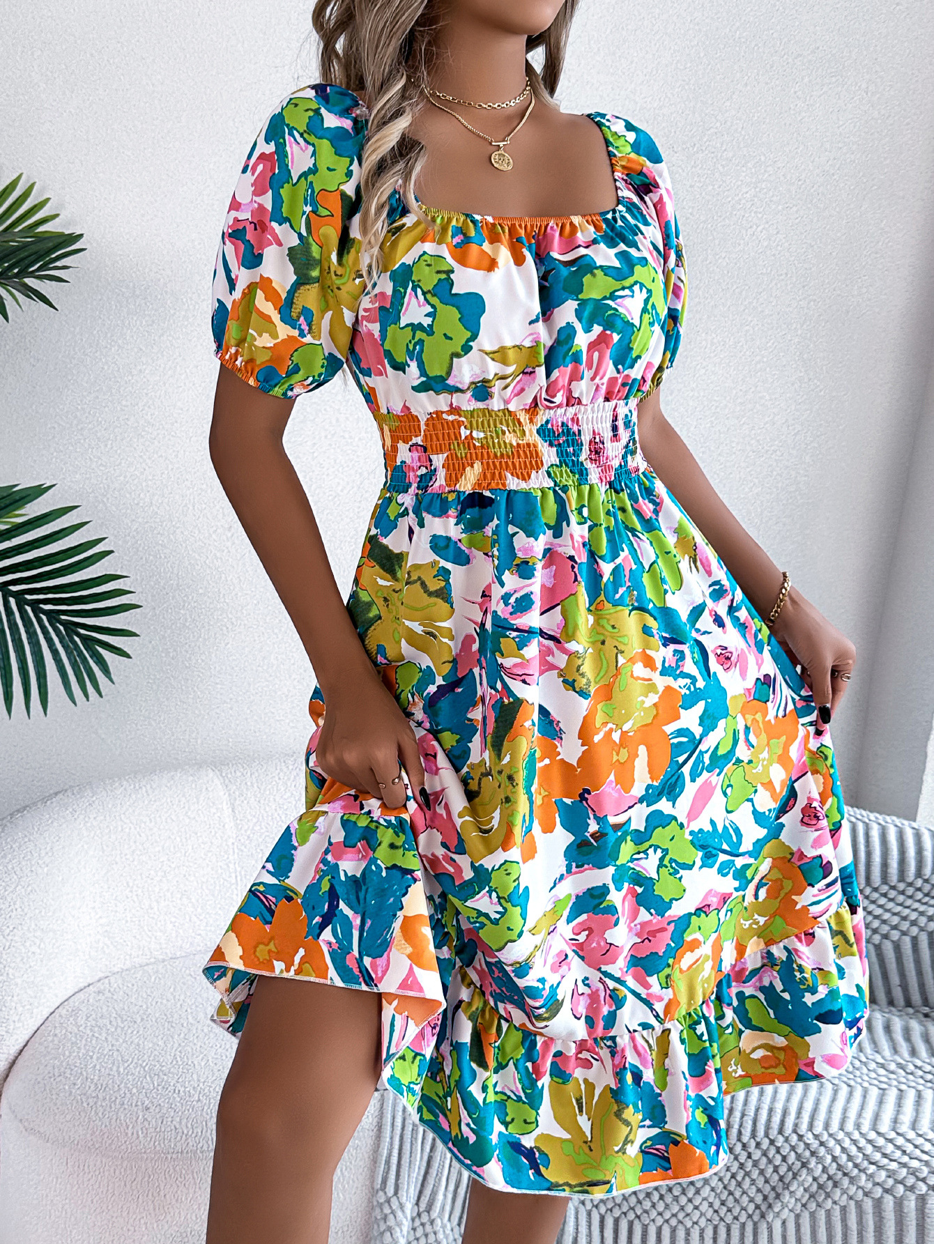 Spring Summer Casual Floral Square Collar Short Sleeve Waist Trimming Ruffles A line Dress Women Clothing 6 Spring Summer Casual Floral Square Collar Short Sleeve Waist Trimming Ruffles A line Dress Women Clothing