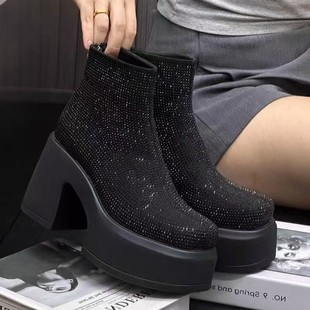 European Station 2024 Autumn and Winter New Rhinestone Full Diamond Thick Bottom Thick Heel Ankle Boots Round Toe High Heel Martins Women's Shoes