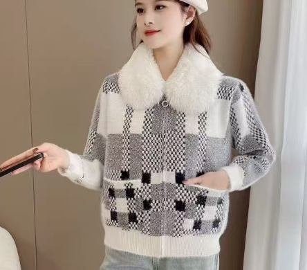 秋冬时尚撞色条纹棒球领拉链开衫毛衣女时尚通勤长袖针织衫外套|undefined