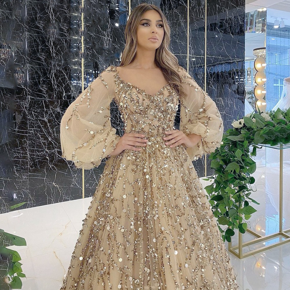 Vestido de Noche Largo de Lujo con Cuentas Doradas, Estilo Nuevo Transfronterizo 2025, Sexy, con Aura de Socialité, Modelo SM7109 image 4