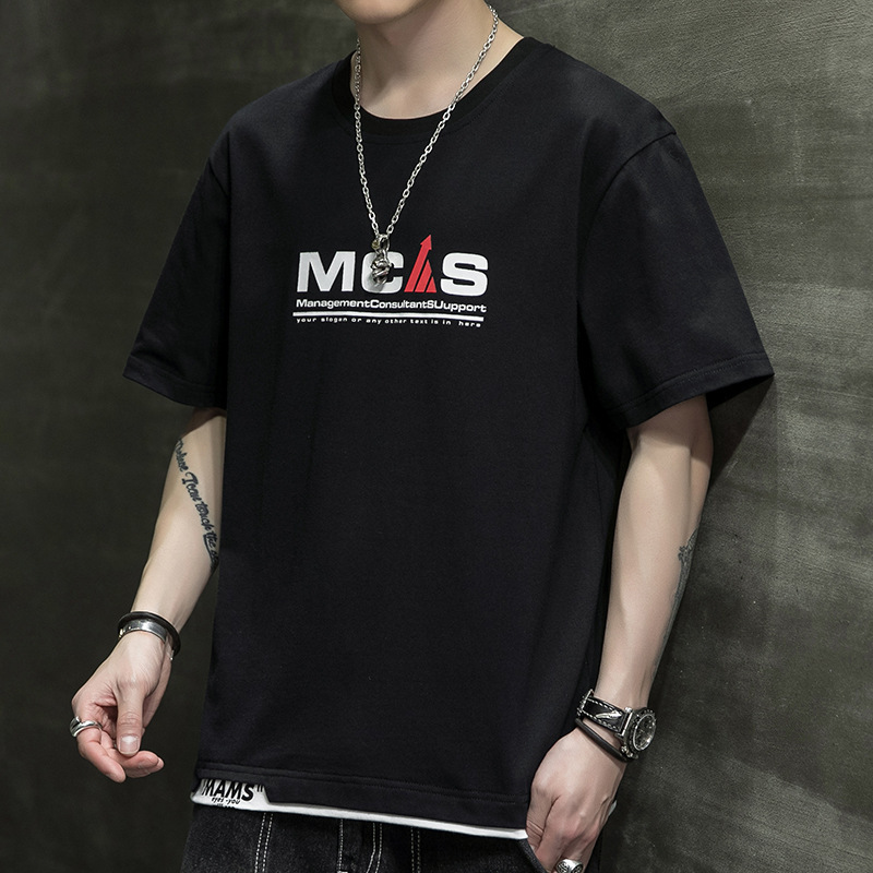 Pure Cotton Fake Two-Piece Men's Short-Sleeved T-Shirt 2026 New Summer High-End Trendy Male College Student Loose-Fitting T-Shirt for Men