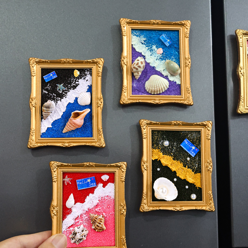 바다 사진 프레임 냉장고 스티커 질감 그림 바다 파도 해변 조개 조개 장식 해안 도시 여행 기념품 선물