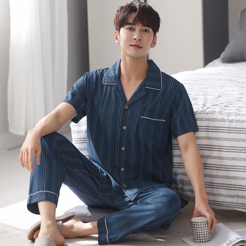 Pijamas de los hombres de verano 100% algodón pantalones de manga corta de media manga de primavera y otoño delgada cardigan ropa para el hogar más tamaño