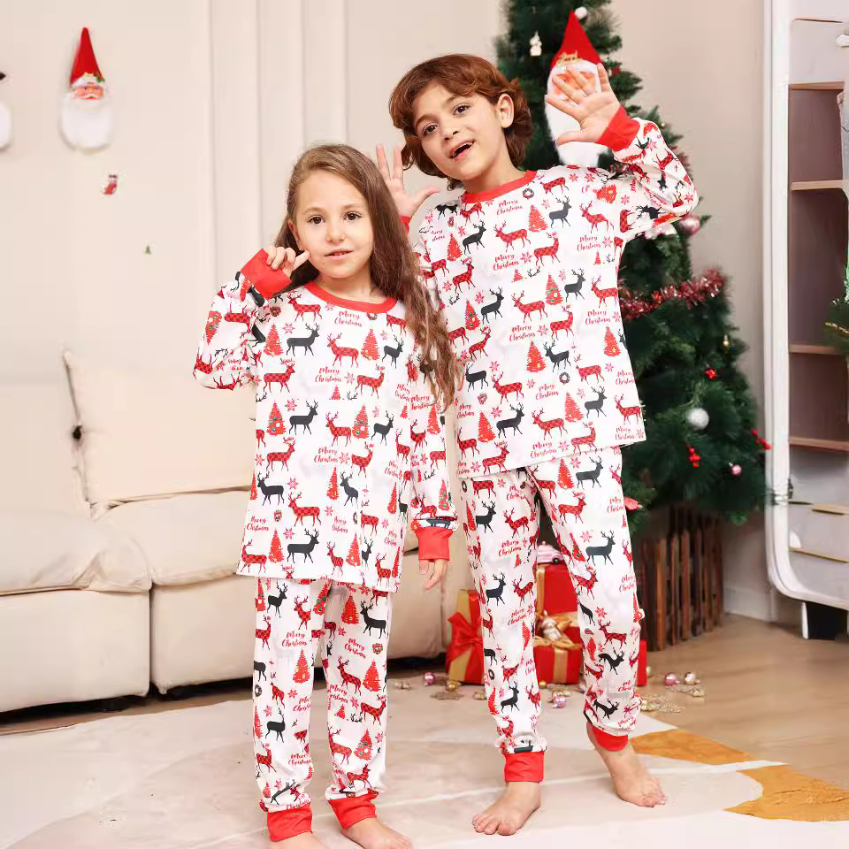 Christmas Alphabet cartoon Deer Christmas family dress printed home dress pajamas_voghion.com