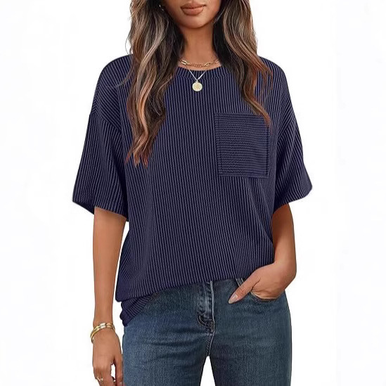 cross-border European And American Women's Summer Short-sleeve Pocket Top, Oversized Round-neck Textured Casual_ecoleips.com