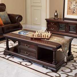 美式乡村客厅茶几实木复古雕刻罗马柱置物桌别墅大户型咖啡桌子