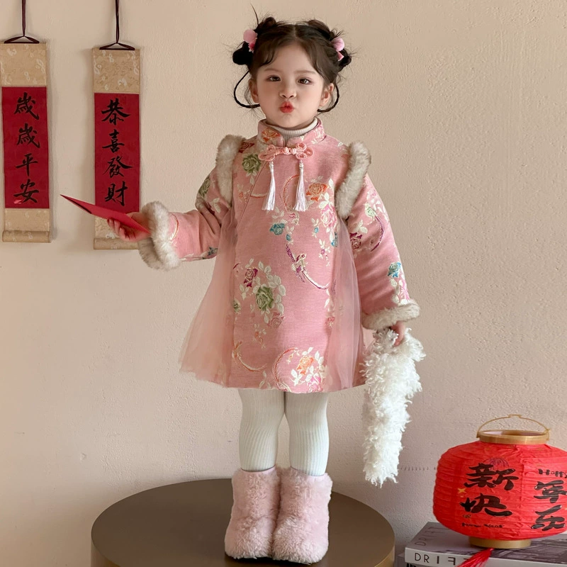 Зимняя одежда для девочек, пряжа, пряжа, Cheongsam, юбка для одежды, 2024 новый детский дух