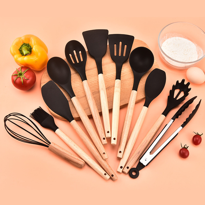 Una olla antiadherente mango de madera cocina de silicona 12 piezas set cocina barril de almacenamiento cocina de silicona 12 piezas set