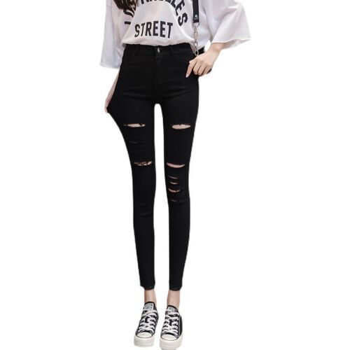 Women's External Wear Thin Black Spring Outfit New Magic Pencil Ankle Pants with Distressed Design, Stylish and Slimming