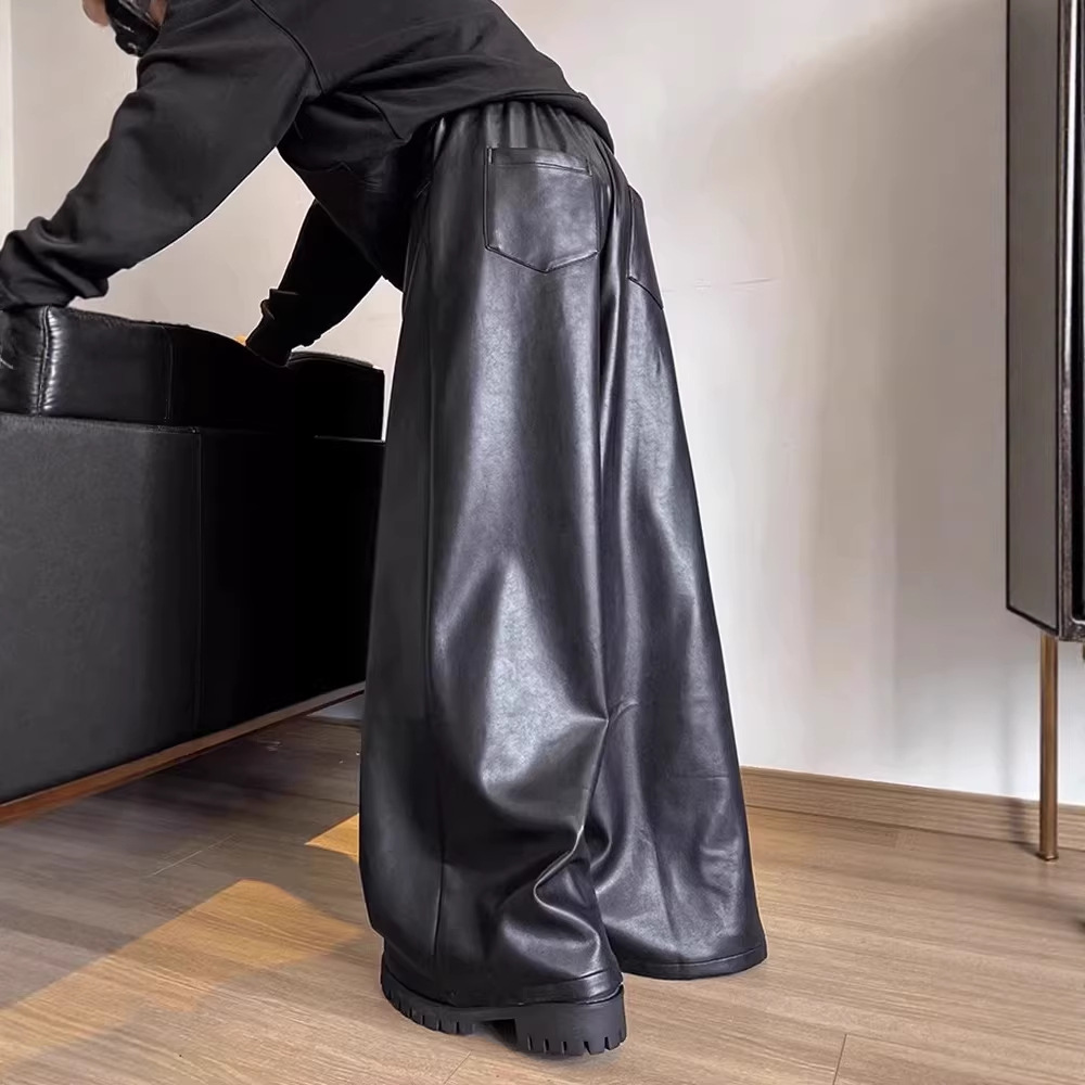 Amerikanische Herren-Motorradhose aus PU-Leder, lässig, trendig, schwarz, locker, gerades Bein, weites Bein, mittelhoher Bund, Frühling/Herbst_voghion.com