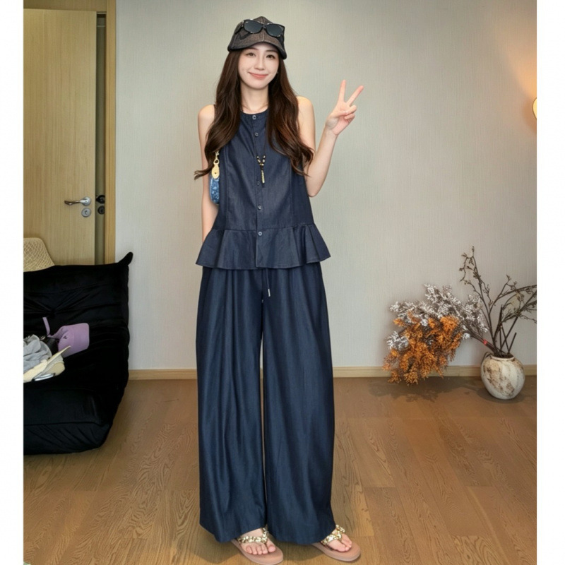 Pregnant women's ruffled sleeveless shirt vest top paired with casual wide-leg pants two-piece set for women