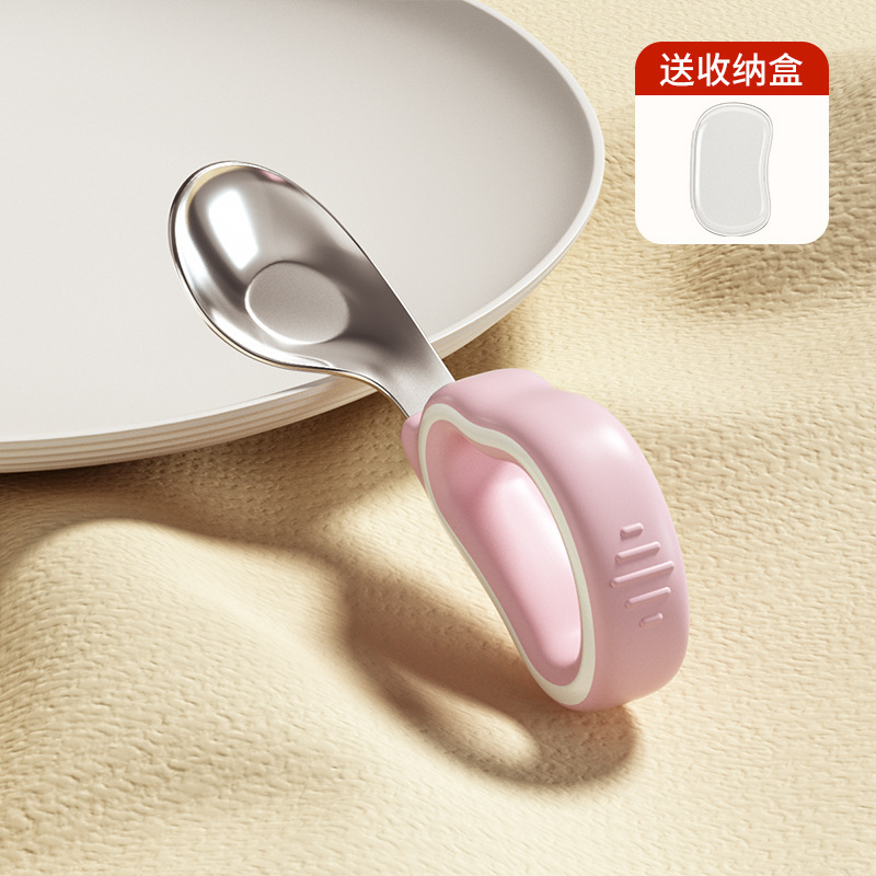宝宝自主进食一岁辅食勺子学吃饭训练儿童硅胶不锈钢叉勺婴儿短柄|undefined