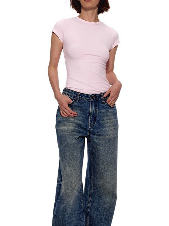 スポットベーシックストレッチモーダル右肩レディーススリムスポーツトップアメリカンホットガール砂時計ウエスト半袖Tシャツ