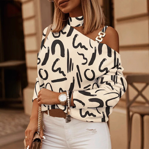 Womens Long Sleeve Chain-Neck Print Button Decoration Top for Autumn and Winter - Bestselling on Independent Station Wish
