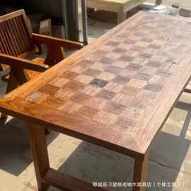 老榆木拼花长条桌风化老门板办公民宿餐桌实木棋盘格桌面板长条凳