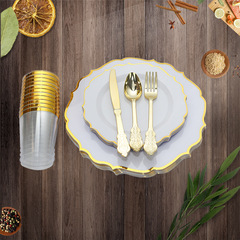 Party disposable white base petal-shaped gold-edged plastic plate set combination