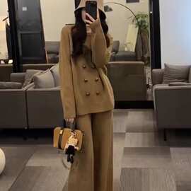 韩版双排扣针织套装女2026春秋季时尚新款毛衣阔腿裤两件套垂感