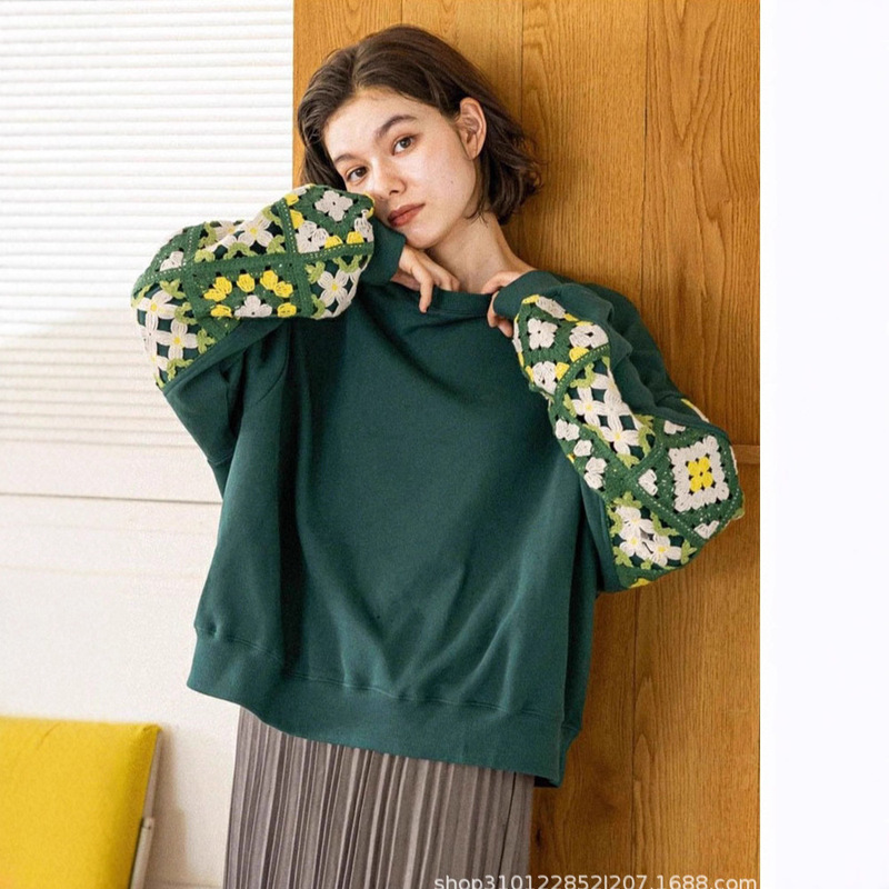 2025 New Japanese Style Niko Sweatshirt Women's Loose Splicing Colorful Lace Embroider Braided Sleeve Pullover Five-Colorful Top 2025 New Japanese Style Niko Sweatshirt Women's Loose Splicing Colorful Lace Embroider Braided Sleeve Pullover Five-Colorful Top