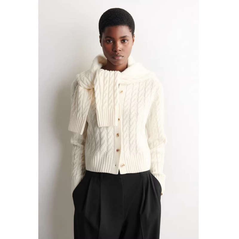 Cos Style Women's Clothing Mall Same Style Standard Version Cable Knit Cardigan Ivory Color 2026 Spring New Sweater for Women