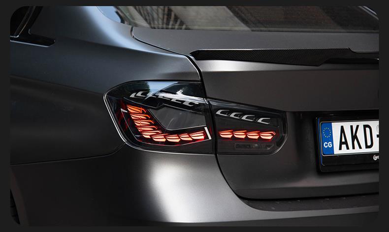 Specifically designed for BMW 3 Series F35 tail light assembly, F30 modified white dragon scale venom tail lights, sequential turn signals, and brakes