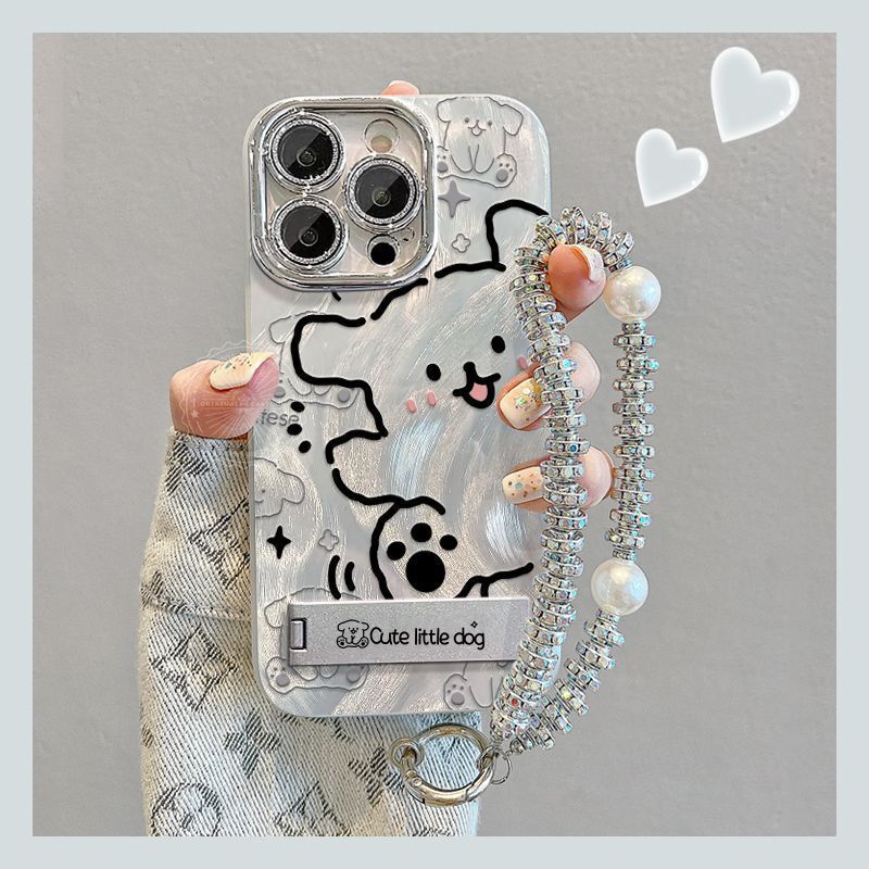 Suitable for Apple 16promax Mobile Phone Case Advanced Sense with Lens Film Bracket Lanyard Niche Hollow Line Dog Tide