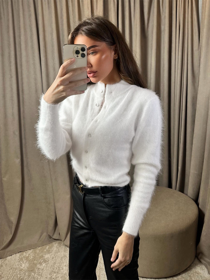 Áo khoác cardigan len nữ dáng ôm cổ tròn tay dài một hàng cúc chất liệu lông mềm mại — Màu hồng, Màu trắng, Màu xám nhạt, Xanh đậm chi tiết 5
