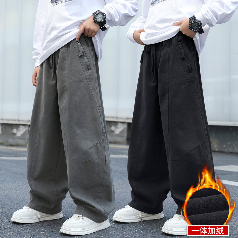 Boys' Fleece-Lined Pants for Autumn and Winter, Children's Curved Pants with Integrated Fleece, 2026 New Model, Big Kids' Pure Cotton Casual Pants for Autumn
