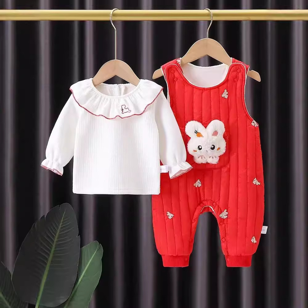 Traje de correa de conejo lindo para bebé de estilo occidental, cuello de encaje de bebé de moda, camiseta, tirantes anchos, pantalones, traje de escalada