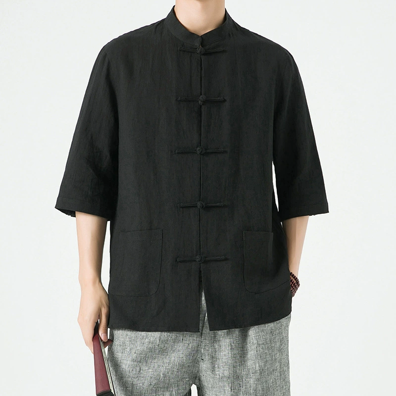 Новый китайский стиль ретро костюм Тан, льняная рубашка в китайском стиле, мужская рубашка с короткими рукавами из хлопка и льна с воротником-стойкой, тонкая мужская рубашка Чжуншань