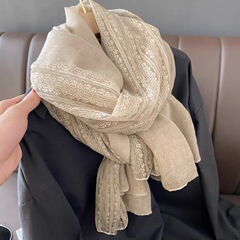 亜麻色レース綿麻薄手マフラー女性冬ストール春秋洋気ファッションマフラー純色ガーゼ