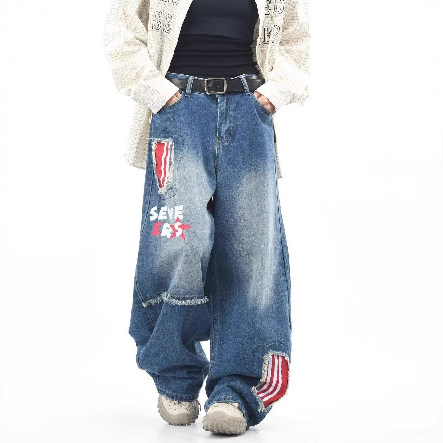 美式复古贴布弯刀牛仔裤男潮牌嘻哈水洗高街宽松显瘦直筒拖地长裤