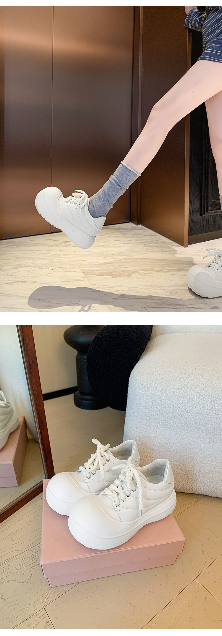 Giày sneaker nữ chunky đế dày da thật phối màu mũi to bản — màu đen, màu trắng chi tiết 9