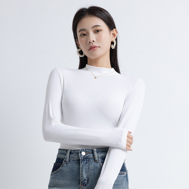 스레드 코튼 고탄성 하프 터틀넥 긴팔 화이트