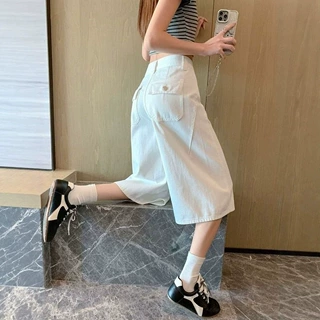 白色七分牛仔裤女夏季新款小个子美式直筒高腰宽松显瘦百搭阔腿裤